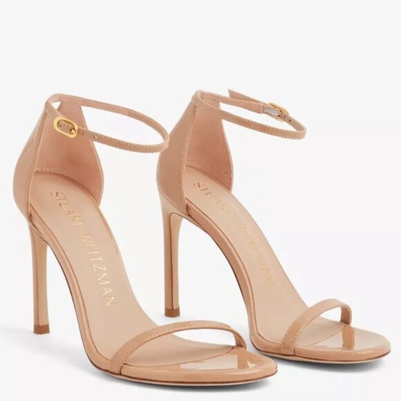 $500 STUART WEITZMAN NUDISTSONG 4" PATENT LEATHER ADOBE nude SANDAL 9.5 (PC2) - Picture 1 of 7